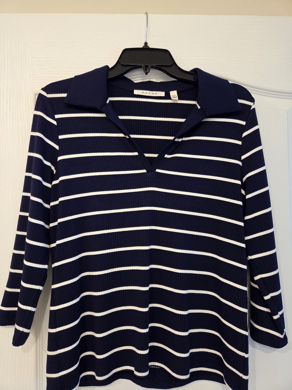 Cyrus Navy & White Striped Collared Knit Top
